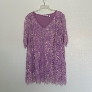 Isaac Mizrahi Live! Pink V Neck Short Sleeve Lace Stretch Top Blouse Size 3X 3XL